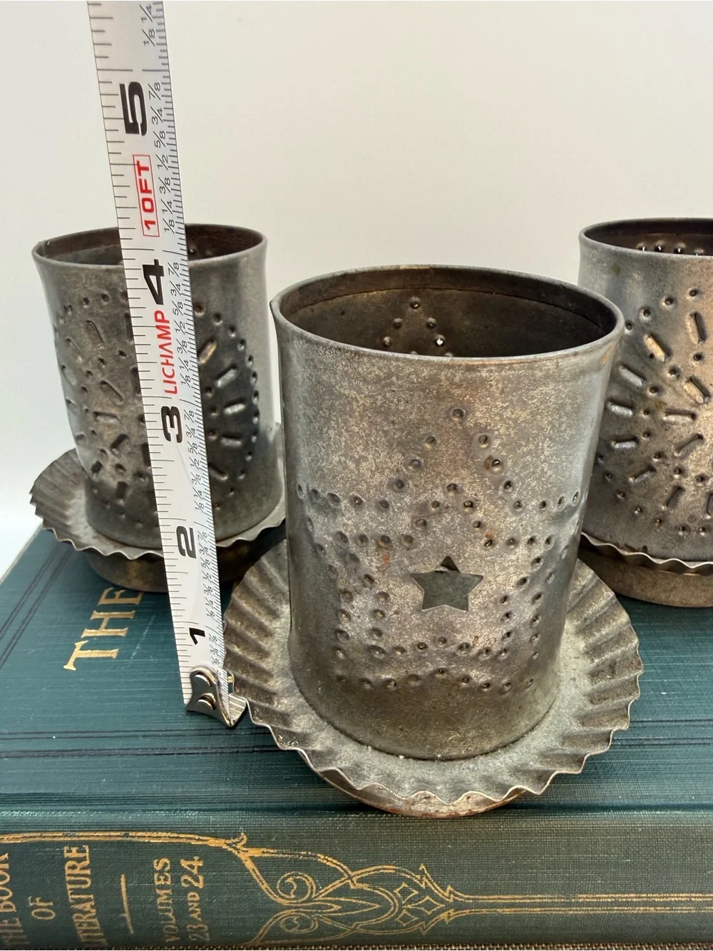 3 Vintage Punched Pierced Tin Candle Holder Primitive Folk Country
